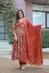 Gulmohar Riwaaz Printed Anarkali  Suit Set With Mul Cotton Dupatta