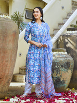 Badra Blue Floral Cotton Suit Set