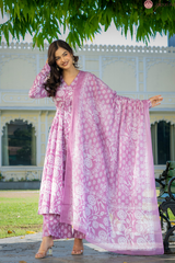 Zoya Pink Heritage Motif Cotton Suit Set with Cotton Dupatta