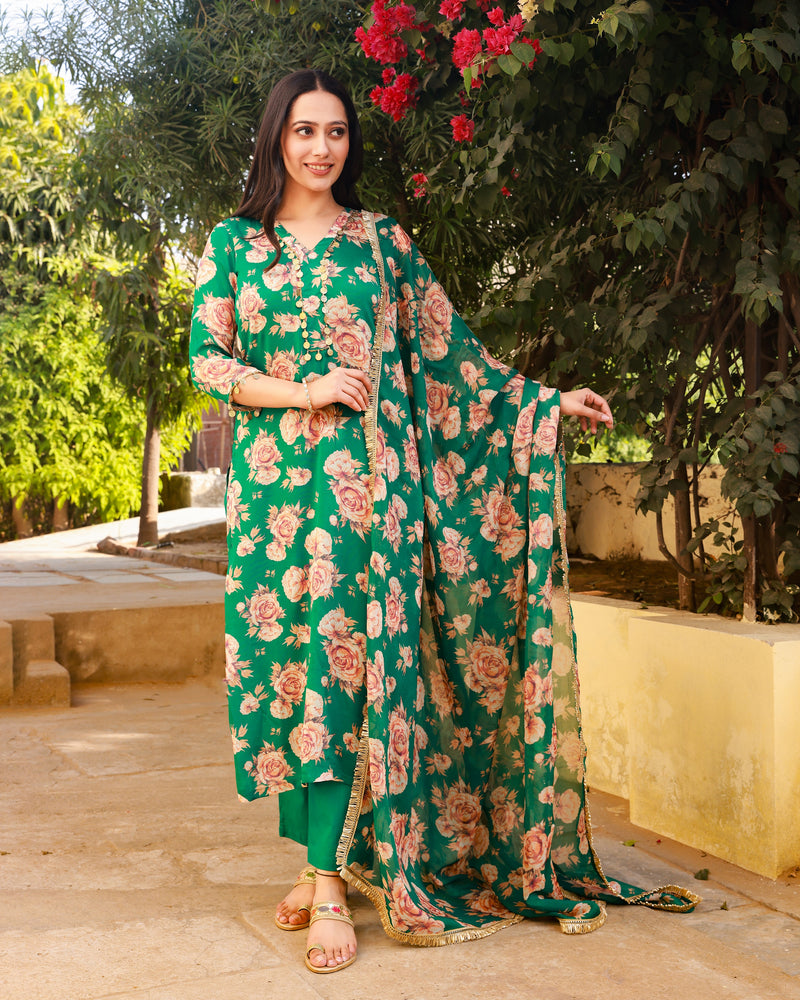 Gehna Green Floral Straight Suit Set