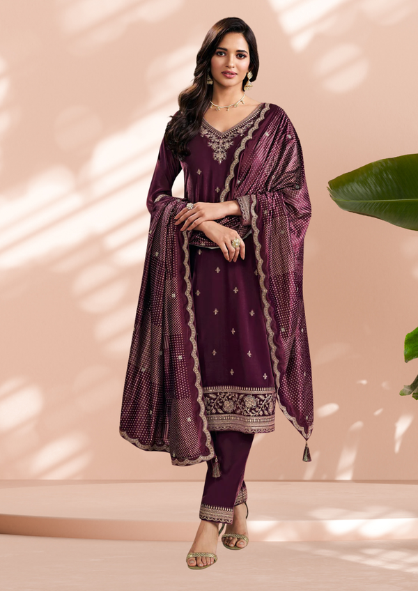Twinkle green embroidered velvet suit set with velvet dupatta