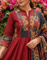 Zarvisha Wine Maroon Heritage Patchwork Printed Anarkali Suit Set with Dupatta