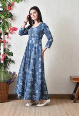 Aafreen Indigo Leher Mosaic Cotton Maxi Dress