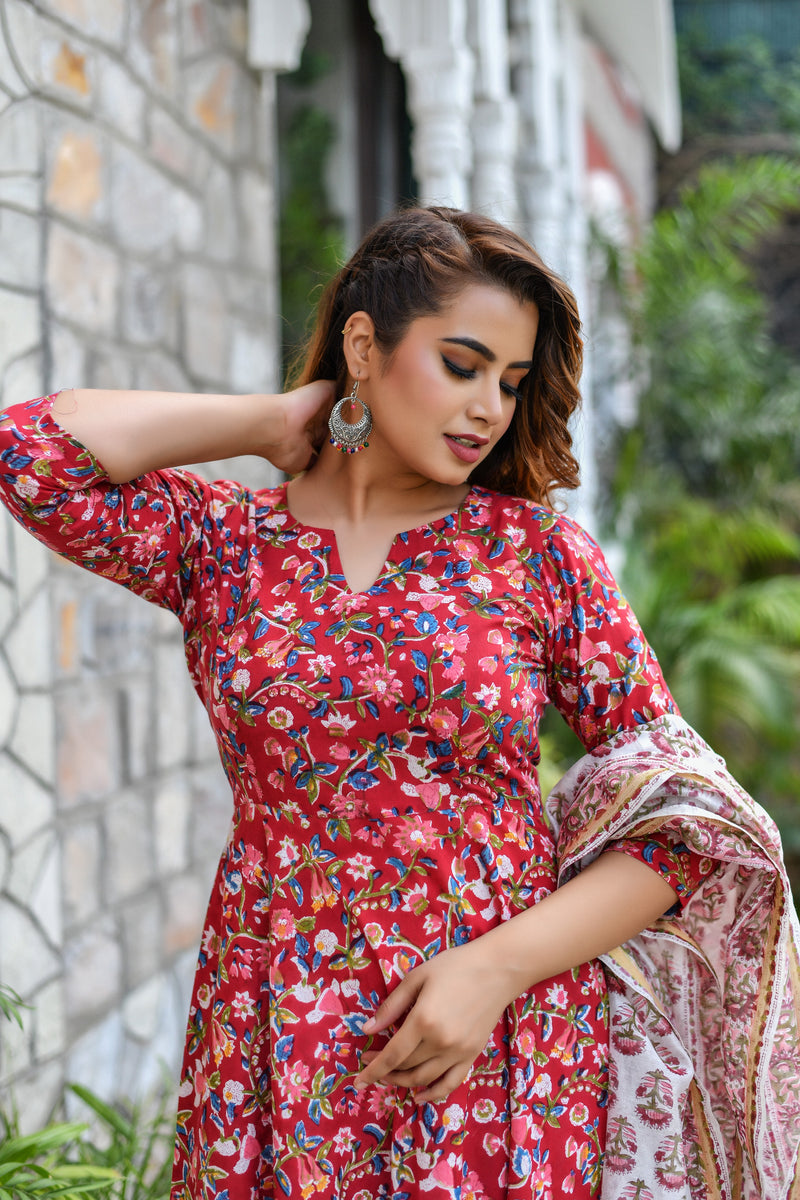 Rain In Red Handblock Anarkali Suit Set (Plus Size)
