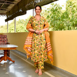 Yaseera Yellow Hand Block Cotton Straight Suit Set