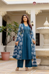 • Sheesh Mahal Indigo Blue Ethnic Suit Set With Mul Cotton Dupatta