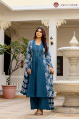 • Sheesh Mahal Indigo Blue Ethnic Suit Set With Mul Cotton Dupatta