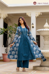 • Sheesh Mahal Indigo Blue Ethnic Suit Set With Mul Cotton Dupatta