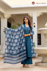 • Sheesh Mahal Indigo Blue Ethnic Suit Set With Mul Cotton Dupatta