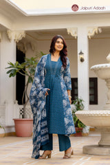 • Sheesh Mahal Indigo Blue Ethnic Suit Set With Mul Cotton Dupatta