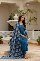 • Sheesh Mahal Indigo Blue Ethnic Suit Set With Mul Cotton Dupatta