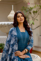 • Sheesh Mahal Indigo Blue Ethnic Suit Set With Mul Cotton Dupatta