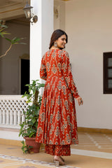 Zariya Rust Traditional Print Anarkali Suit Set with Mul Cotton Dupatta