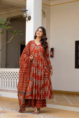 Zariya Rust Traditional Print Anarkali Suit Set with Mul Cotton Dupatta