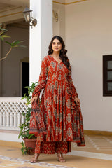 Zariya Rust Traditional Print Anarkali Suit Set with Mul Cotton Dupatta