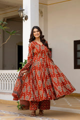 Zariya Rust Traditional Print Anarkali Suit Set with Mul Cotton Dupatta