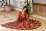 Zariya Rust Traditional Print Anarkali Suit Set with Mul Cotton Dupatta
