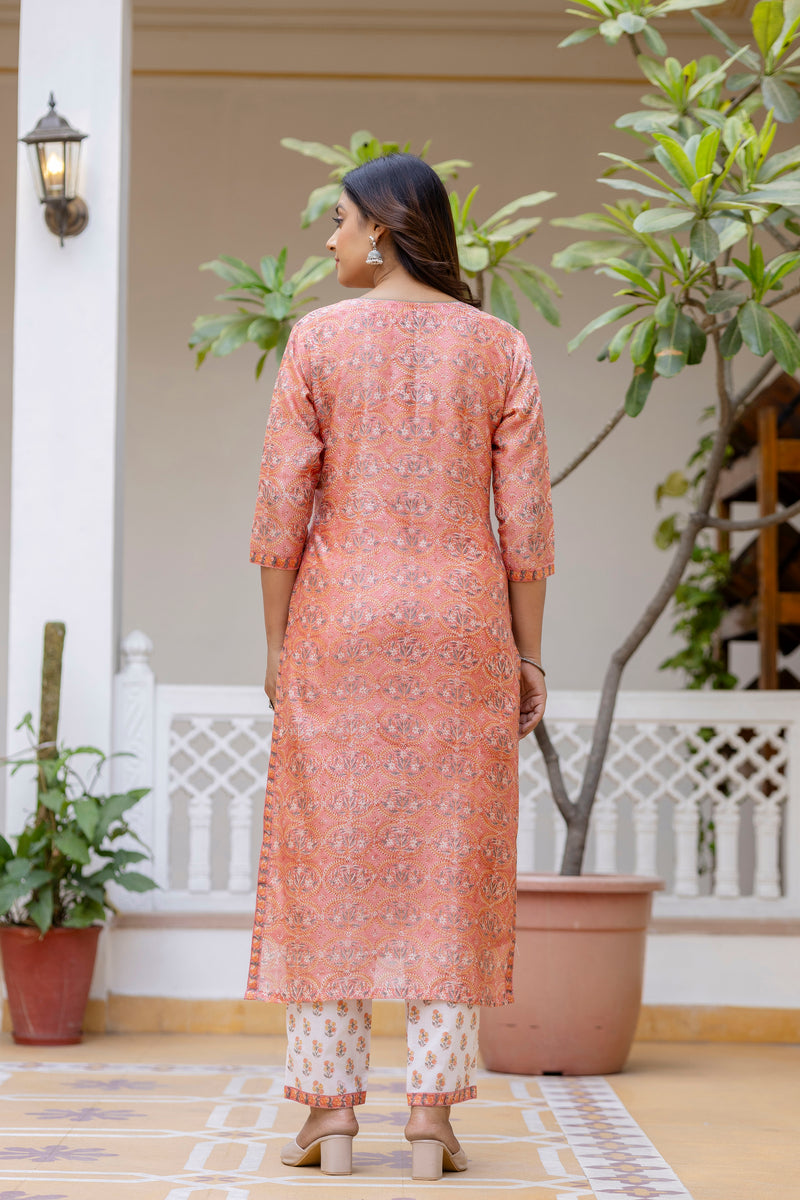 Moonga Peach Handblock Printed Chanderi Suit Set With Chanderi Dupatta