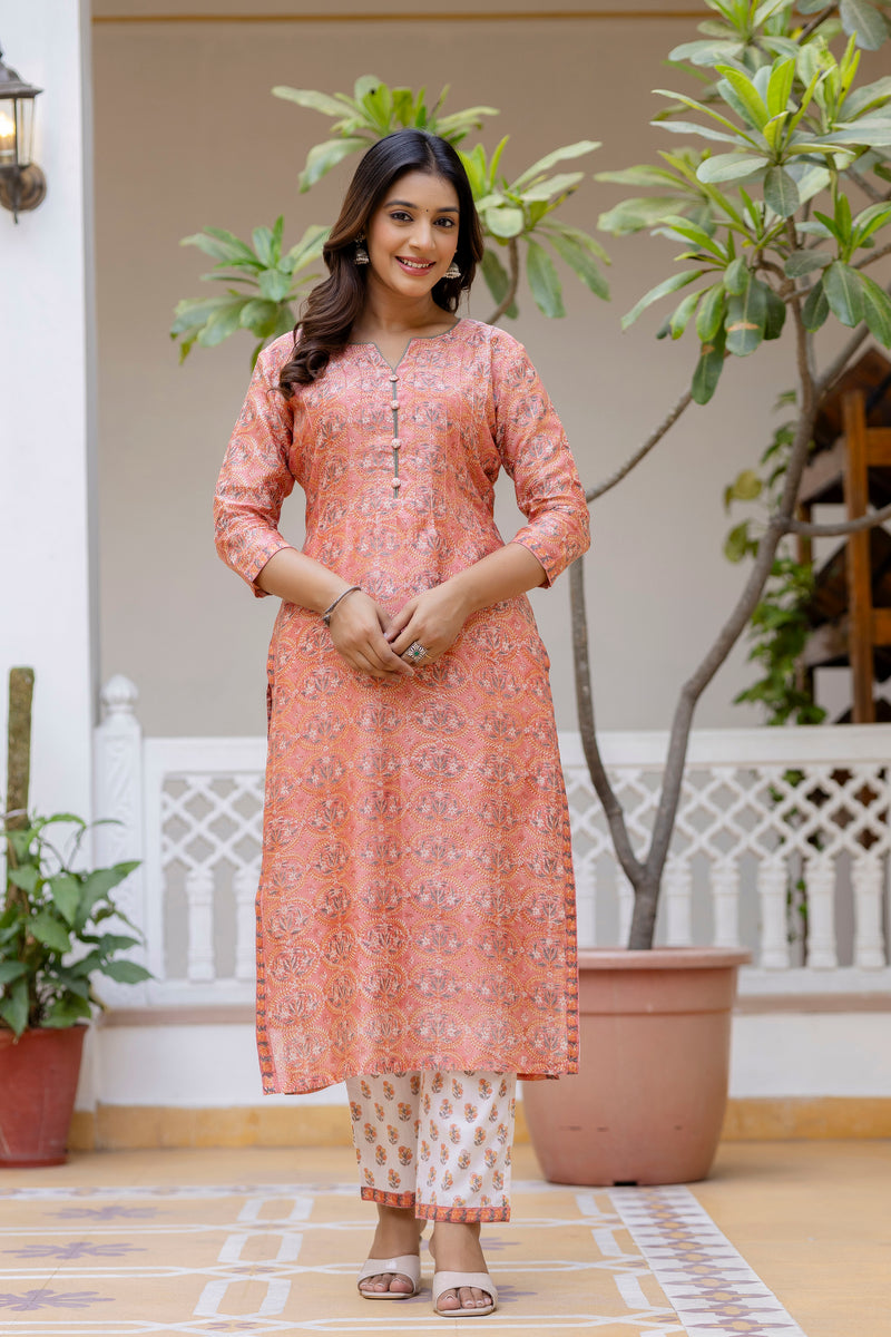 Moonga Peach Handblock Printed Chanderi Suit Set With Chanderi Dupatta