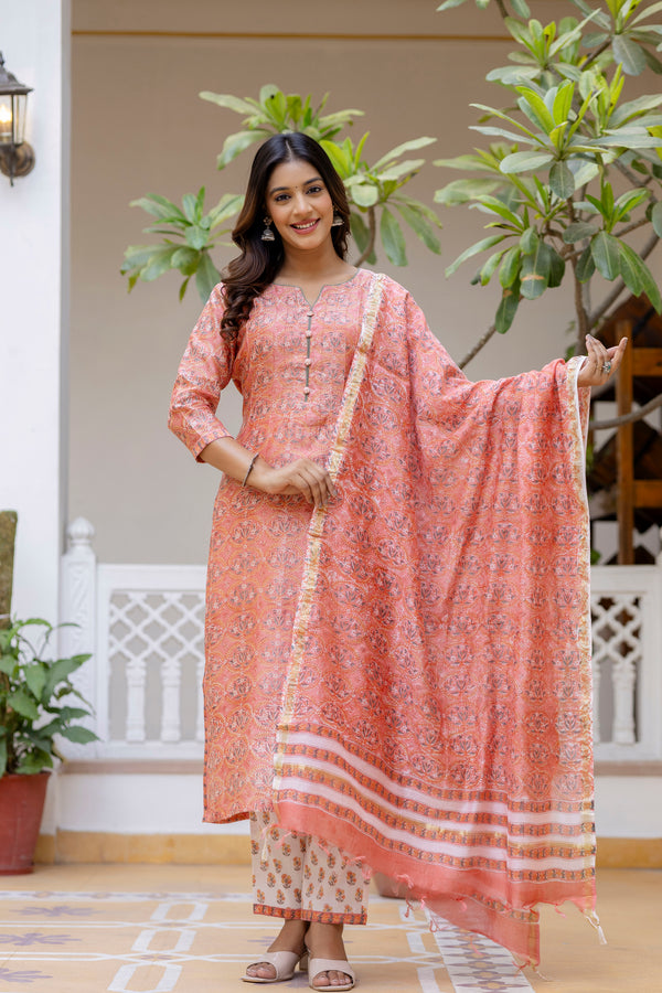 Moonga Peach Handblock Printed Chanderi Suit Set With Chanderi Dupatta