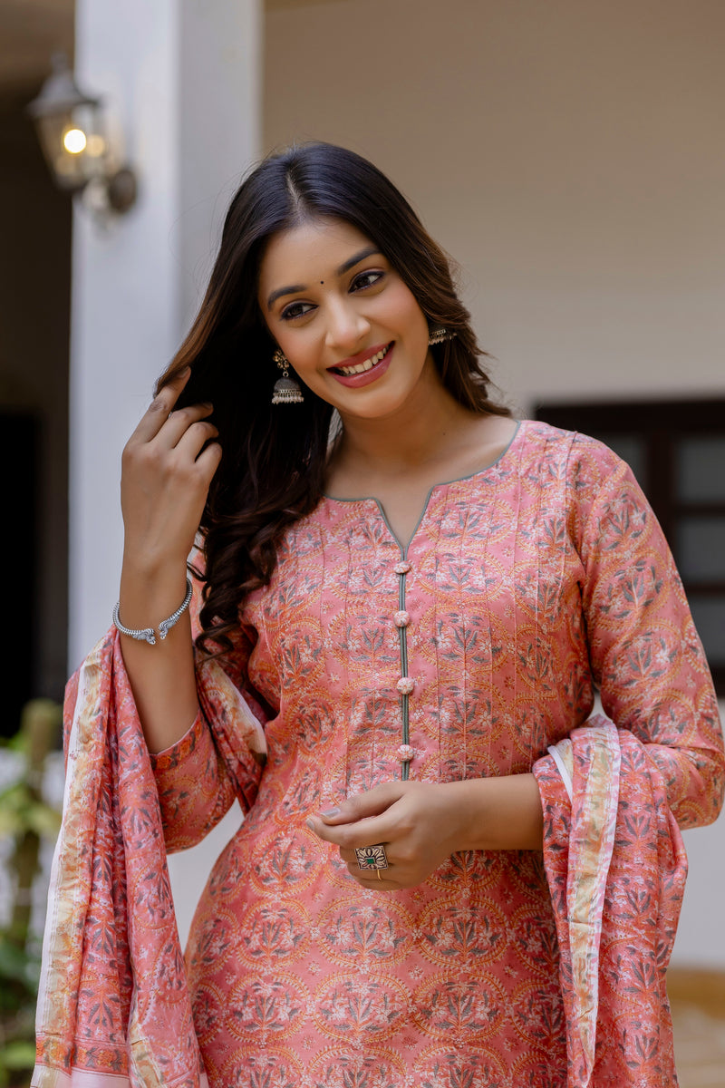 Moonga Peach Handblock Printed Chanderi Suit Set With Chanderi Dupatta