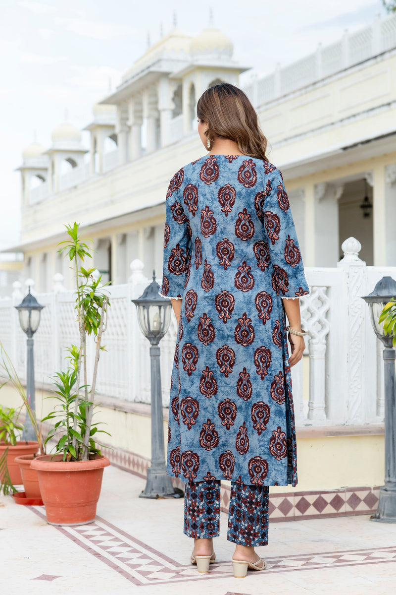 Neela Indigo Cotton Suit Set With Chiffon Duppata