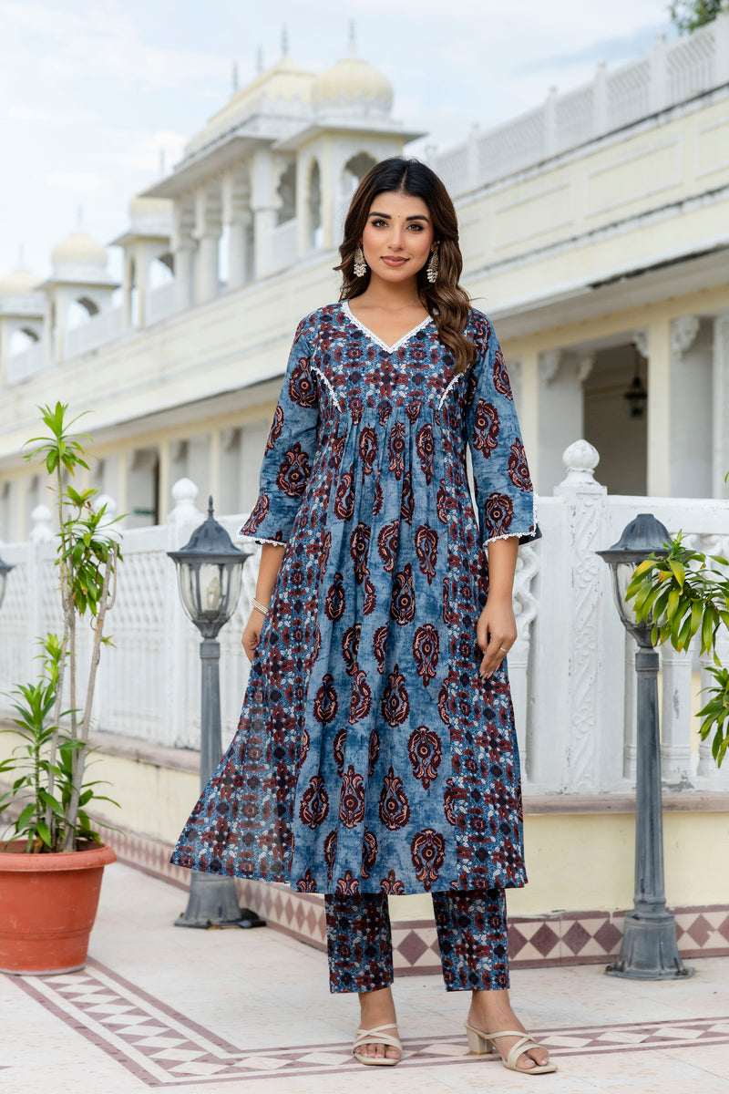 Neela Indigo Cotton Suit Set With Chiffon Duppata