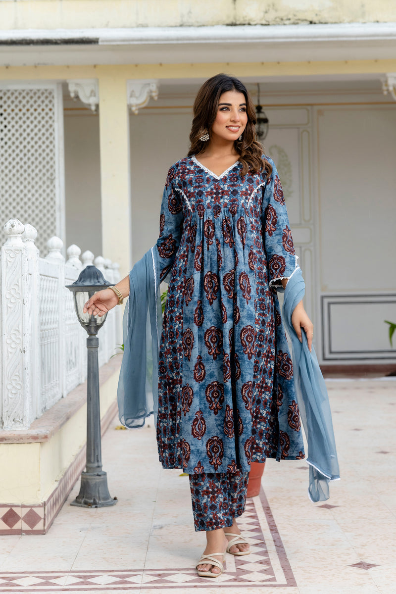 Neela Indigo Cotton Suit Set With Chiffon Duppata