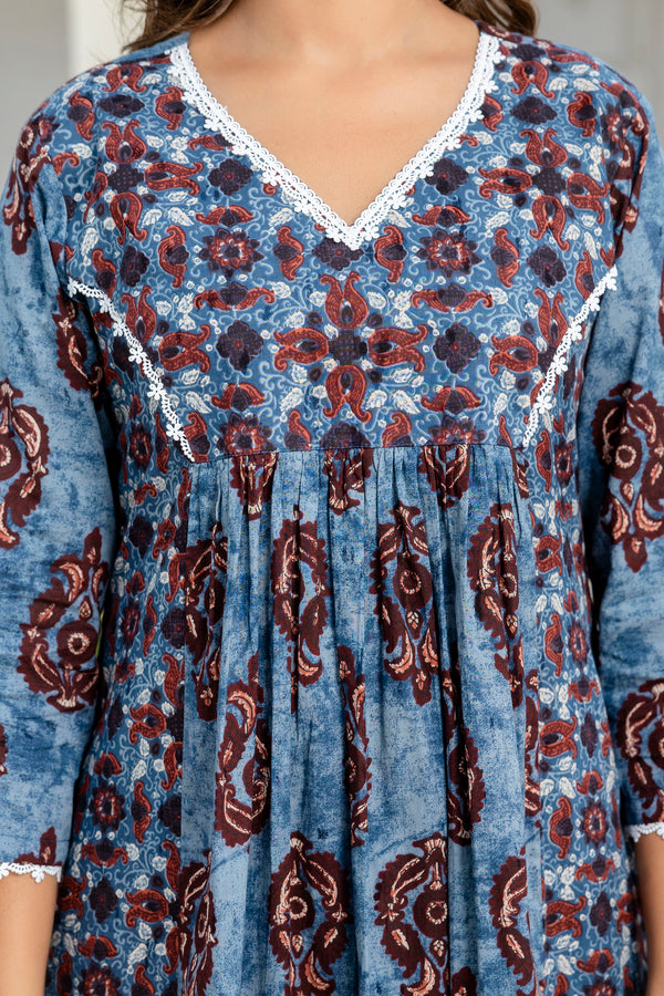 Neela Indigo Cotton Suit Set With Chiffon Duppata