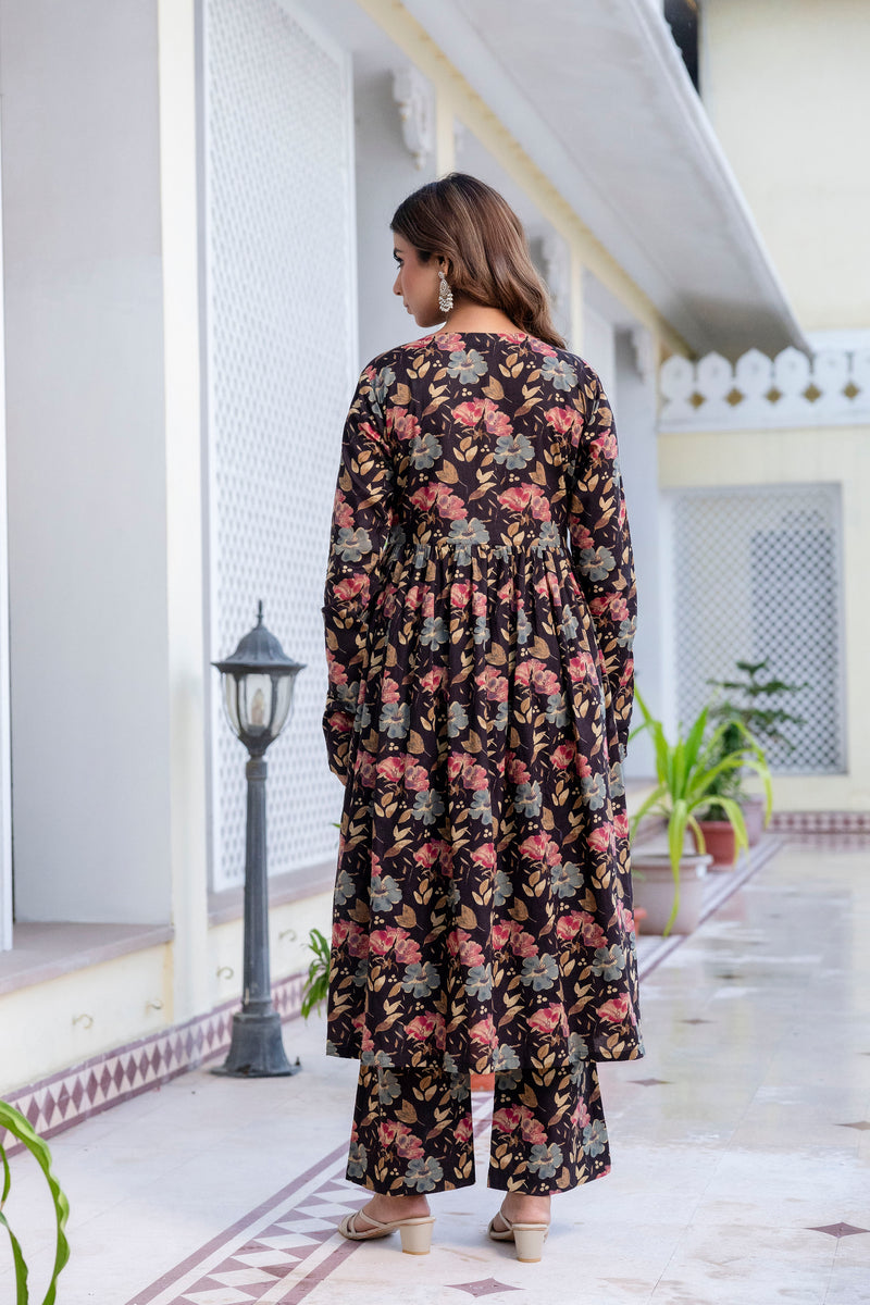 Berry Floral Black Cotton Suit Set With Chiffon Lace Work Dupatta