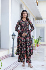 Berry Floral Black Cotton Suit Set With Chiffon Lace Work Dupatta