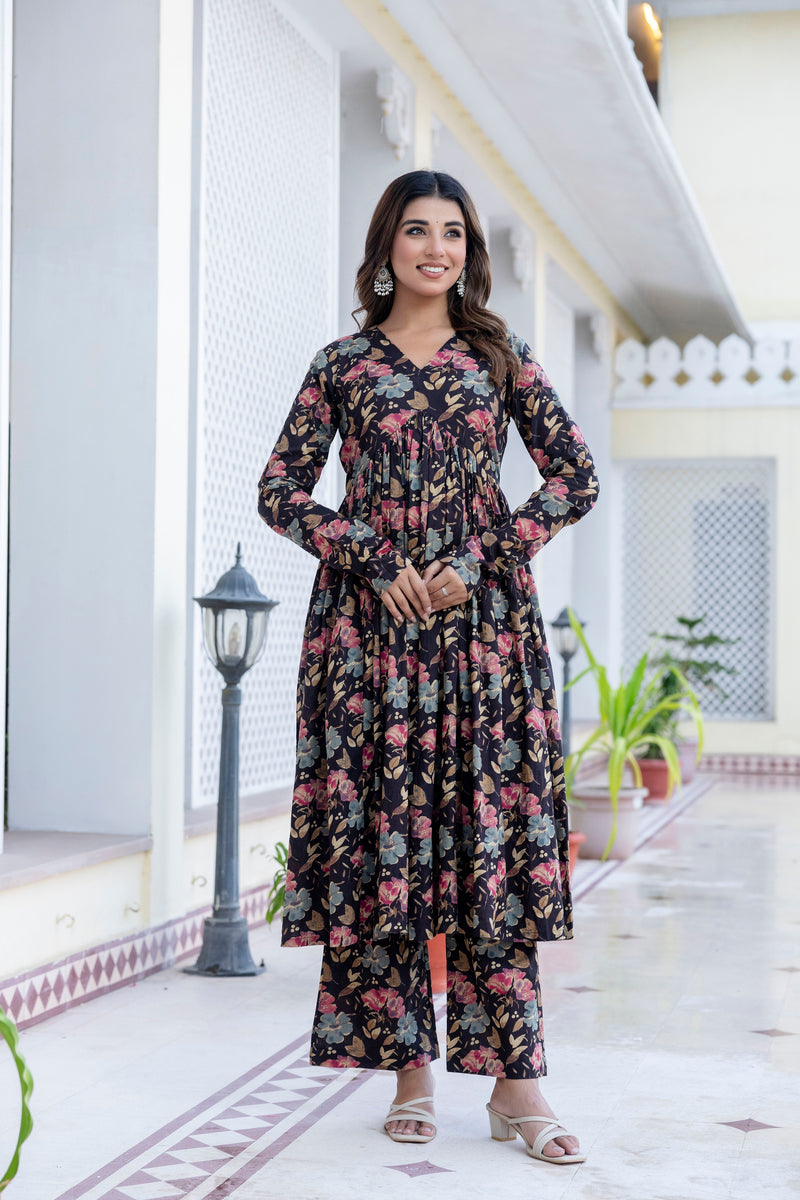 Berry Floral Black Cotton Suit Set With Chiffon Lace Work Dupatta