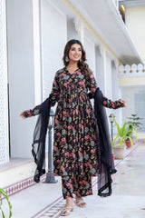 Berry Floral Black Cotton Suit Set With Chiffon Lace Work Dupatta