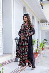 Berry Floral Black Cotton Suit Set With Chiffon Lace Work Dupatta