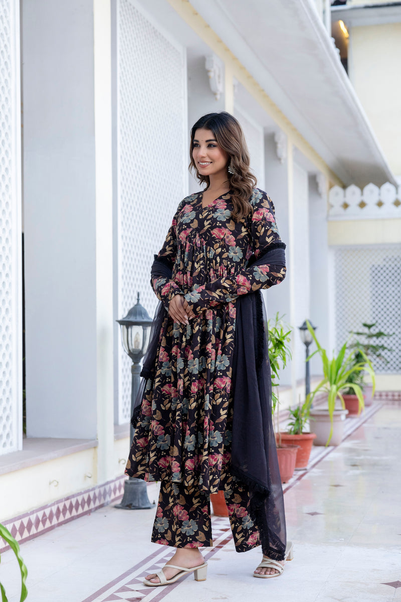 Berry Floral Black Cotton Suit Set With Chiffon Lace Work Dupatta