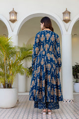 Noor-E-Neel Traditional Print Anarkali Suit Set with Mul Cotton Dupatta