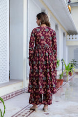 Berry Floral Megenta Cotton Suit Set With Chiffon Lace Work Dupatta