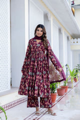 Berry Floral Megenta Cotton Suit Set With Chiffon Lace Work Dupatta