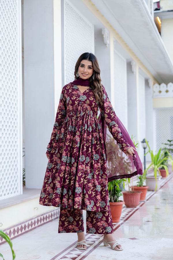 Berry Floral Megenta Cotton Suit Set With Chiffon Lace Work Dupatta