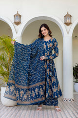 Noor-E-Neel Traditional Print Anarkali Suit Set with Mul Cotton Dupatta