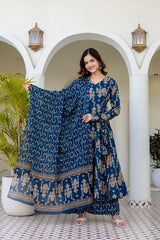 Vihana Indigo Grace Cotton Suit Set With Cotton Dupatta