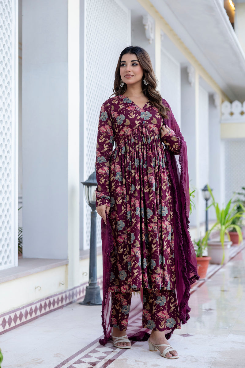Berry Floral Megenta Cotton Suit Set With Chiffon Lace Work Dupatta
