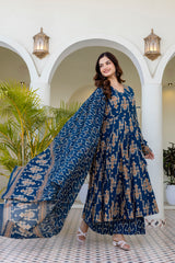 Noor-E-Neel Traditional Print Anarkali Suit Set with Mul Cotton Dupatta