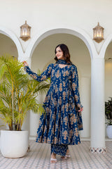 Noor-E-Neel Traditional Print Anarkali Suit Set with Mul Cotton Dupatta