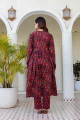 Ruhani Maroon Anarkali Suit Set with Mul Cotton Dupatta