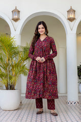 Ruhani Maroon Anarkali Suit Set with Mul Cotton Dupatta