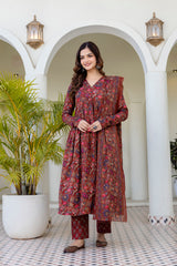 Ruhani Maroon Anarkali Suit Set with Mul Cotton Dupatta