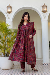 Ruhani Maroon Anarkali Suit Set with Mul Cotton Dupatta