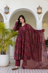 Ruhani Maroon Anarkali Suit Set with Mul Cotton Dupatta