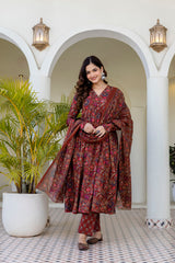 Ruhani Maroon Anarkali Suit Set with Mul Cotton Dupatta